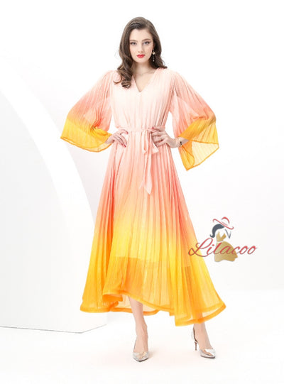 V-neck Flared Sleeve Gradient Dress