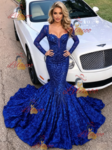 Blue Mermaid Sequins Long Sleeve Prom Dress