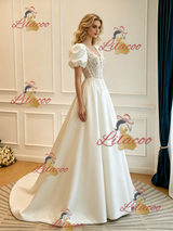Beige White Satin Appliques Puff Sleeve Wedding Dress
