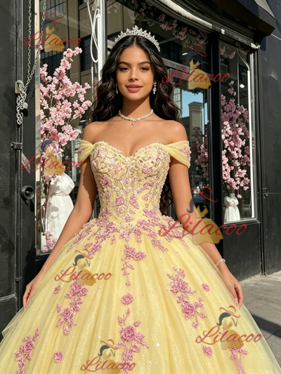 Yellow Tulle Off the Shoulder Appliques Quinceanera Dress