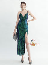 Spaghetti Straps Sequins Split Prom Dress