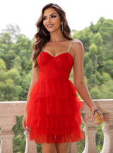 Red Tulle Straps Tulle Short Dress