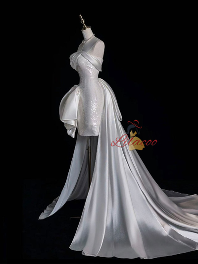 White Sheath Sequins Satin Wedding Dress