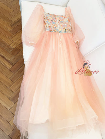 Orange Tulle Long Sleeve Sequins Prom Dress
