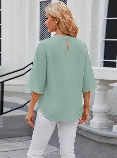 Solid Color Round Neck Short Sleeve Chiffon Shirt