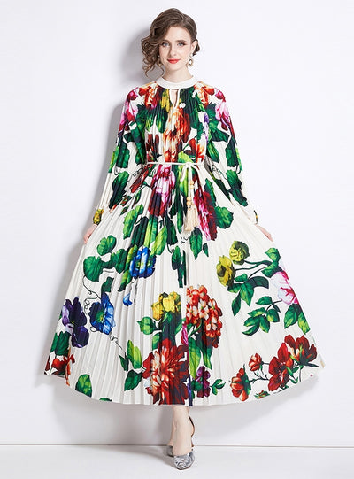 Printed Lantern Sleeve Pleated Belt Dress