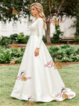 White Satin V-neck Long Sleeve Wedding Dress