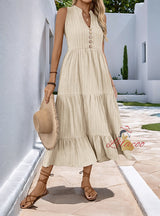 Button Solid Color V-neck Sleeveless Dress