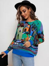 Printed Round Neck Long Sleeve Loose Sweater