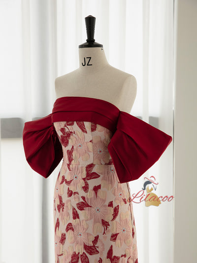 Burgundy Print Off the Shoulder Prom Dress