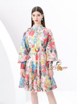 Retro Lace Button-down Printed Short Dress