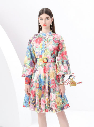 Retro Lace Button-down Printed Short Dress