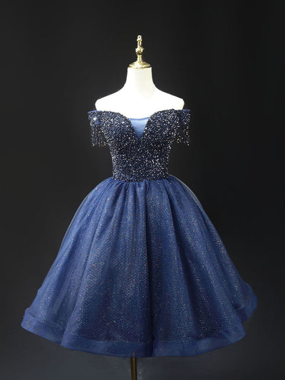 Navy Blue Tulle Off the Shoulder Beading Homecoming Dress