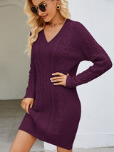 Solid Color V-neck Long Sweater Dress