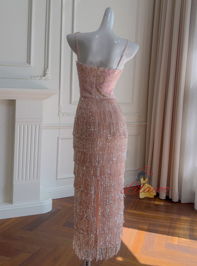 Pink Sequins Beading Straps Prom Dress