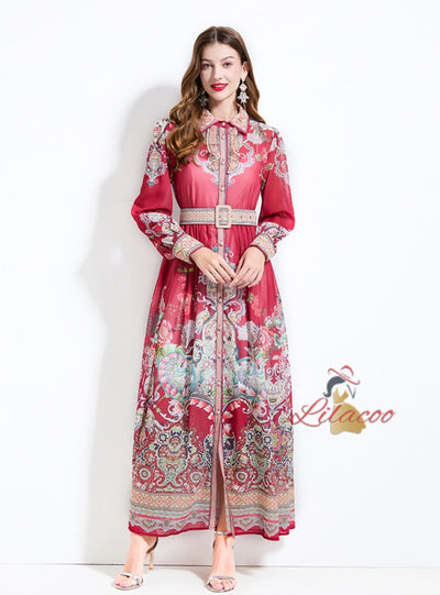 Palace Shirt Neck Breasted Long Printed Dress