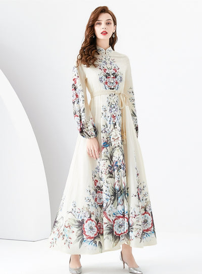 Retro Palace Long Sleeve Collar Printed Dress