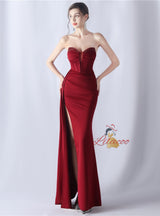 Mermaid Strapless Pleats Beading Split Prom Dress