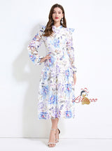 Hollow Lace Long Sleeve Printed Dress