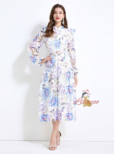 Hollow Lace Long Sleeve Printed Dress