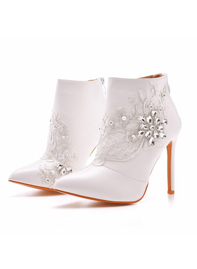 Thin-heeled Pointed Lace Rhinestone Boots