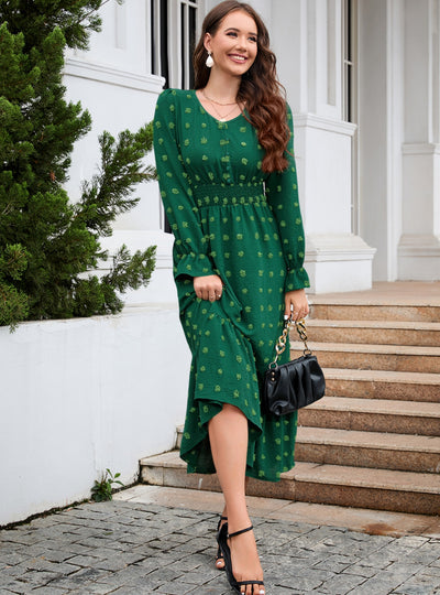 V-neck Long Sleeve Jacquard Silm Waist Dress