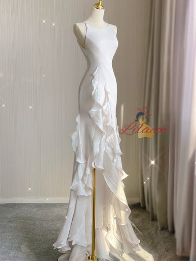 White Sheath Halter Wedding Dress