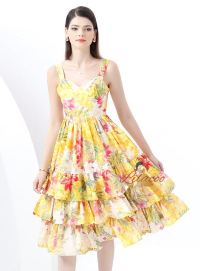 Printed Flounce Suspender Tiers Dress