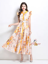 Retro Floral Ruffled Long Dress