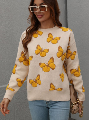 Printed Butterfly Round Neck Loose Sweater