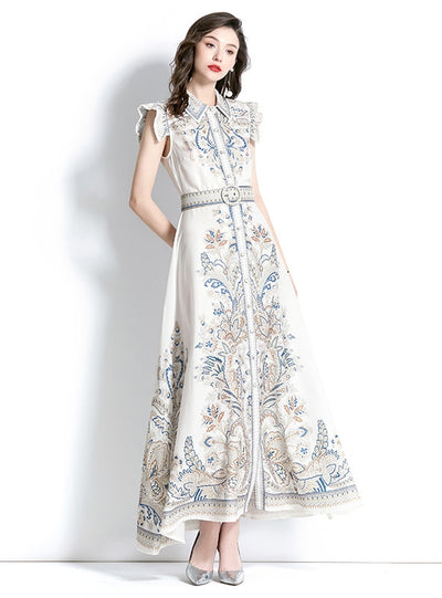 Palace Style Lapel Sleeveless Print Long Dress