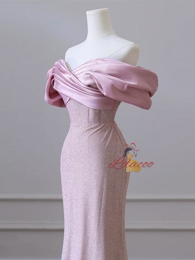 Pink Mermaid Off the Shoulder Pleats Prom Dress