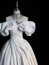 White Satin Off the Shoulder Pleats Wedding Dress