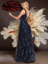 Navy Blue Sequins V-neck Prom Dress