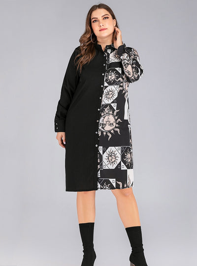 Retro Contrast Printing Stitching Lapel Shirt Dress