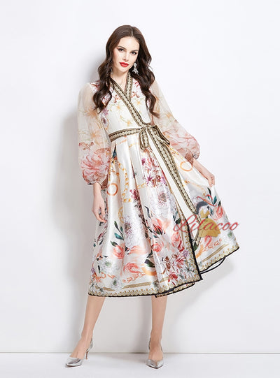 Retro Printed Long Sleeve Dress