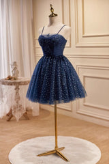 Navy Blue Tulle Beading Homecoming Dress