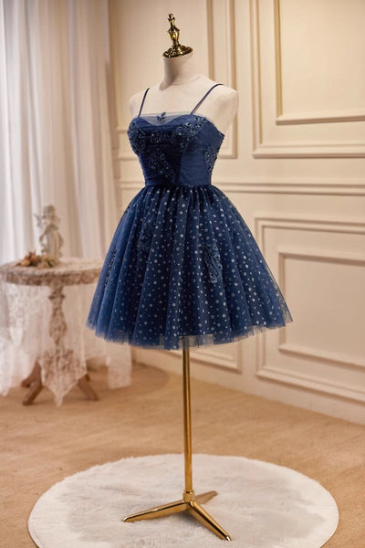 Navy Blue Tulle Beading Homecoming Dress