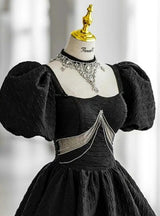 Black Square Puff Sleeve Beading Prom Dress