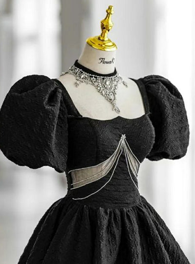 Black Square Puff Sleeve Beading Prom Dress