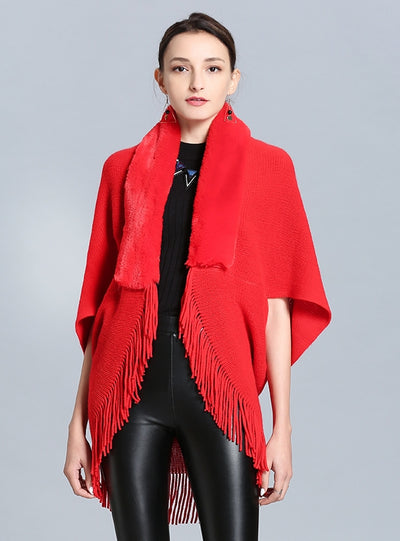 Fringed Cashmere-like Knitted Cardigan Shawl
