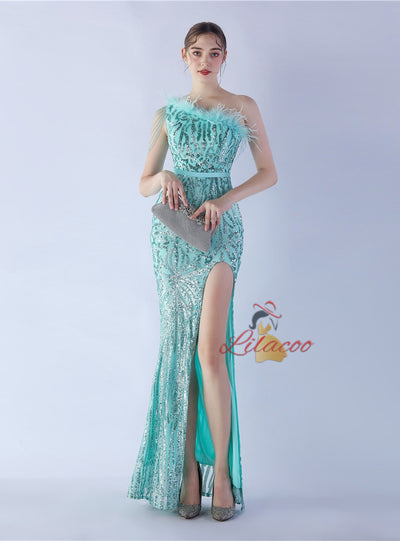 Mermaid Sequins One Shoulder Beading Prom Dress