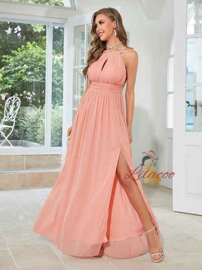 Pink Chiffon Halter Pleats Prom Dress