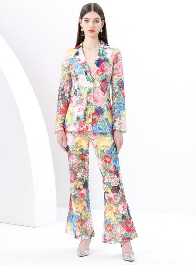 Suit Collar Lace Top Trousers Printed Two-piece Suit