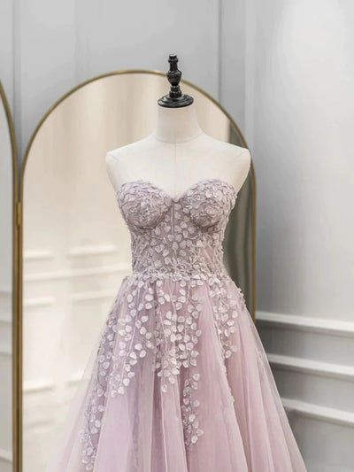 Pink Tulle Appliques Prom Dress