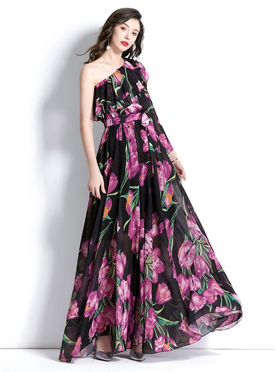 Holiday One-shoulder Flounced Beach Print Dress
