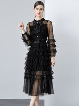 Lapel Bow Perspective Long-sleeved Polka-dot Dress