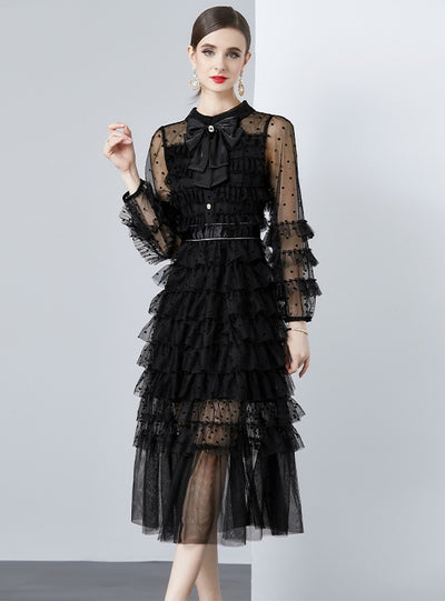 Lapel Bow Perspective Long-sleeved Polka-dot Dress