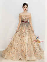 Champagne Tulle Embroidery Flower Prom Dress