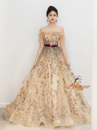 Champagne Tulle Embroidery Flower Prom Dress